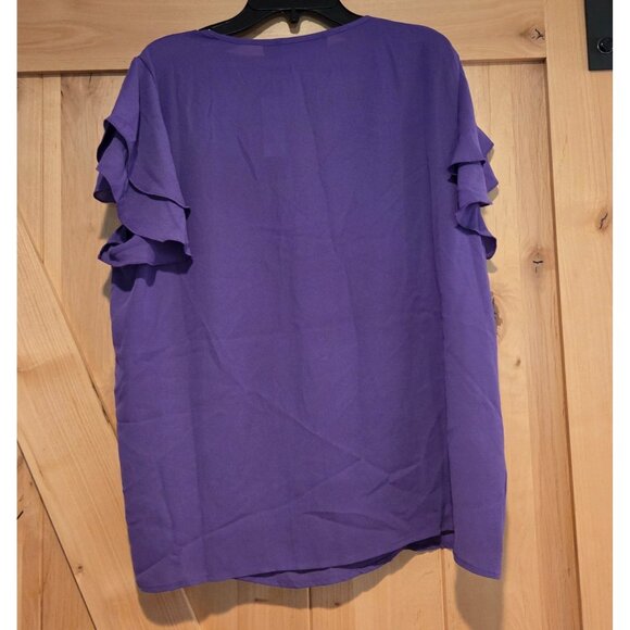 New! NY & Co Size L Purple Flutter Sleeve Tie Neck Keyhole Blouse Cute - Picture 2 of 11